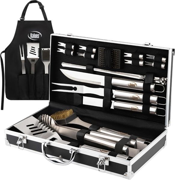 Kaluns stainless steel BBQ tool set in an aluminum carrying case with an apron