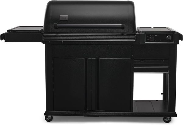 Traeger Woodridge Elite wood pellet grill and smoker with side shelf and storage cabinet